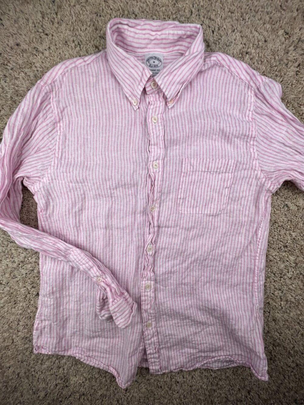 Brooks Brothers All Mcnutt Linen Med Long Sleeve Button Up Striped Pink Regent